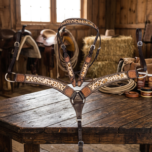 Ensemble d'équipement d'équitation Western à imprimé guépard, en cuir naturel souple, avec selle anglaise légère et franges de têtière, pour la saison. - Product Image 2