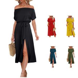 European and American Summer Women's Sexy Strapless <b>Short</b> Sleeve Tie Waist Split Midi <b>Dresses</b> - Product Image 1