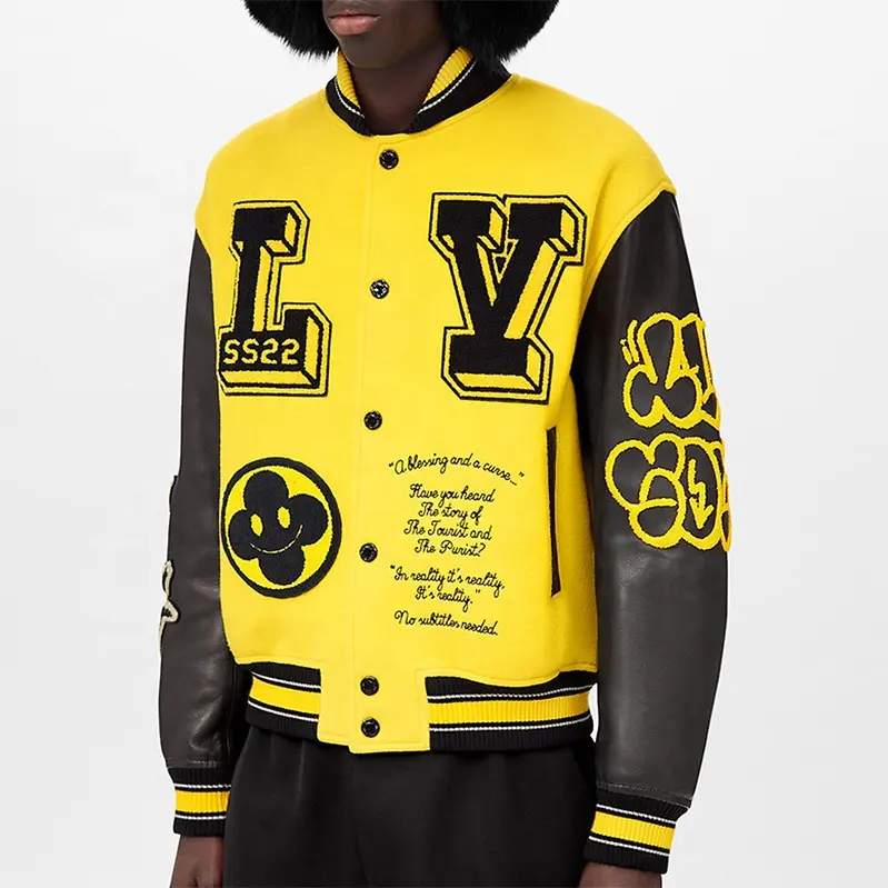 Custom logo private label leather sleeve chenille embroidery jacket yellow men's jackets letterman baseball varsity jacket