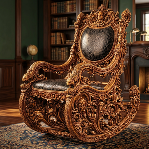 Fauteuil à bascule en bois artisanal vintage, design sculpté antique, rembourré en mousse, origine Maharashtra, pour hall d'hôtel, salon, maison - Product Image 4