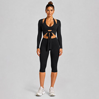 Ensemble de yoga 6 pièces pour femme : haut court à manches longues à nouer devant, boléro, soutien-gorge de sport à col halter et leggings taille haute – Tenue d'entraînement