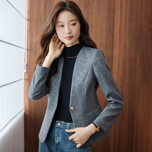 Women's Wool Blazer Khaki Slim Fit Solid Color Pocket Autumn Winter Top - Product Image 4