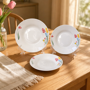 Plato hondo de cerámica contemporáneo con estampado de <span class=keywords><strong>tulipanes</strong></span> en <span class=keywords><strong>acuarela</strong></span>, tazón profundo para pasta con diseño floral colorido, apto para microondas, juego de vajilla. - Product Image 1