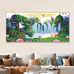 Pintura de punto de cruz DIY de gran tamaño: Cascada <span class=keywords><strong>y</strong></span> lago montañoso, paisaje natural, árboles, animales del bosque, arte en lienzo. - Product Image 2