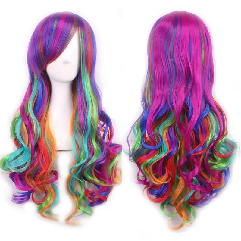 Halloween Costume Rainbow Colorful Long Curly Wig Lolita Cosplay Party Women 70センチメートルHigh Temperature Synthetic Hair Wigs