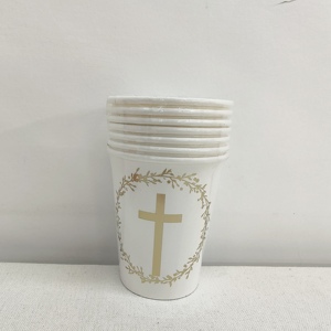 Fournitures pour fête de baptême chrétienne DAMAI, croix dorée et couronne d'olives, assiettes jetables, <span class=keywords><strong>vaisselle</strong></span> en papier, gobelets, serviettes - Product Image 3