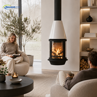 Brasero d'intérieur décoratif moderne de luxe contemporain suspendu au plafond, à bois, avec vue en verre et en fer mat