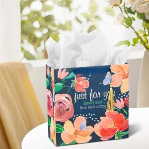 Bolsa de Regalo Floral Cuadrada Homeral de 10 Pulgadas, Azul Marino, con Flores Doradas en Relieve, Asa de Listón y Papel de Seda Incluido, para San Valentín o Cumpleaños - Product Image 6