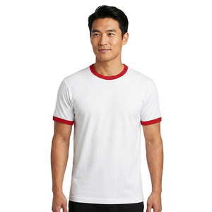 T-shirt blanc à manches courtes pour homme avec bordure contrastée rouge Coupe classique Style décontracté Col rond Tissu en coton tricoté - Product Image 3
