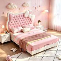 Abgerundeter Massivholz-Polsterbettrahmen mit Katzenkopf-Kopfteil, Cremefarbenes Bett mit Aufbewahrungsschubladen für Prinzessinnen-Kinderzimmer