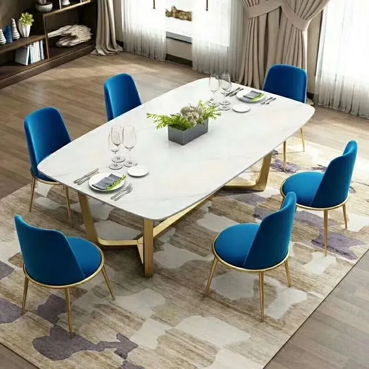 ホーム家具モダンで豪華なダイニングテーブルセット6脚の椅子大理石のトップホテルレストランテーブルと椅子