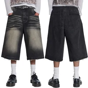 Nieuwkomer Oem Op Maat Gemaakte Vintage Gewassen Zwarte Losse Laagbouw Jorts Baggy Distressed Rauwe Randen Denim Baggy Jean Shorts Heren