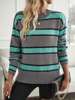 Pull en tricot rayé à col rond pour femme, personnalisé OEM, avec épaules tombantes, manches longues, coupe ample, chaud, pour tenue quotidienne