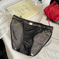 Culottes triangulaires en satin et dentelle pour femme, antibactériennes, sexy, avec nœud, taille mi-haute, fines, avec entrejambe en soie de mûrier, en nylon tricoté ajouré