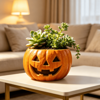 Pot Bunga Resin Wajah Hantu Labu Desain Khusus, Kerajinan Resin Labu Halloween Dilukis Tangan