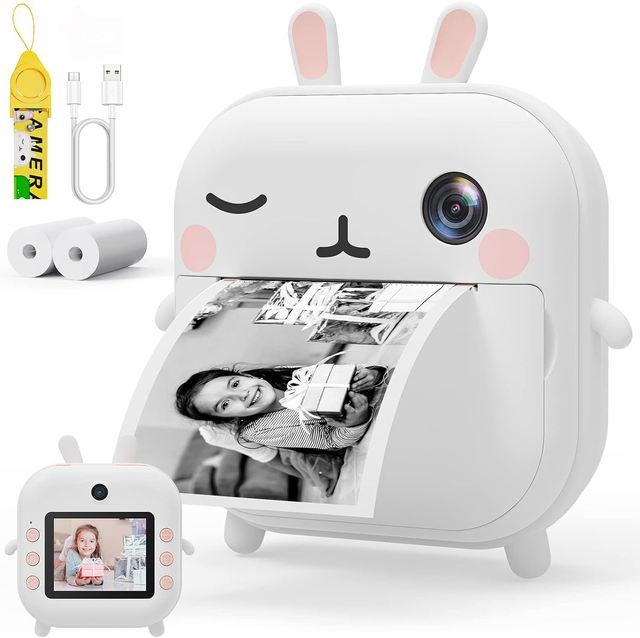 M2 48MP HD Kids Instant Print Camera Zero Ink Thermal Digital Printer Toy Cam in Cute White Rabbit Design with Silicone Cover