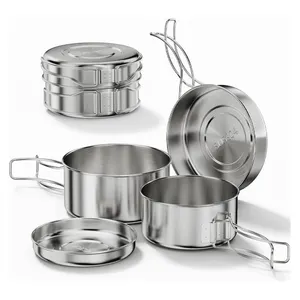 Portable Camping Picnic Outdoor Stainless Steel Metal Dinner Plates Cups Bowls Pans Pots Cookware set