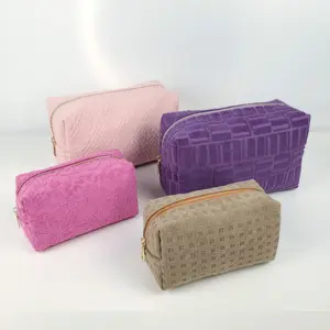 Purple Simple Geometric custom travel jacquard pattern terry cloth Cotton toweling makeup bags cosmetic bag Promotional Gift
