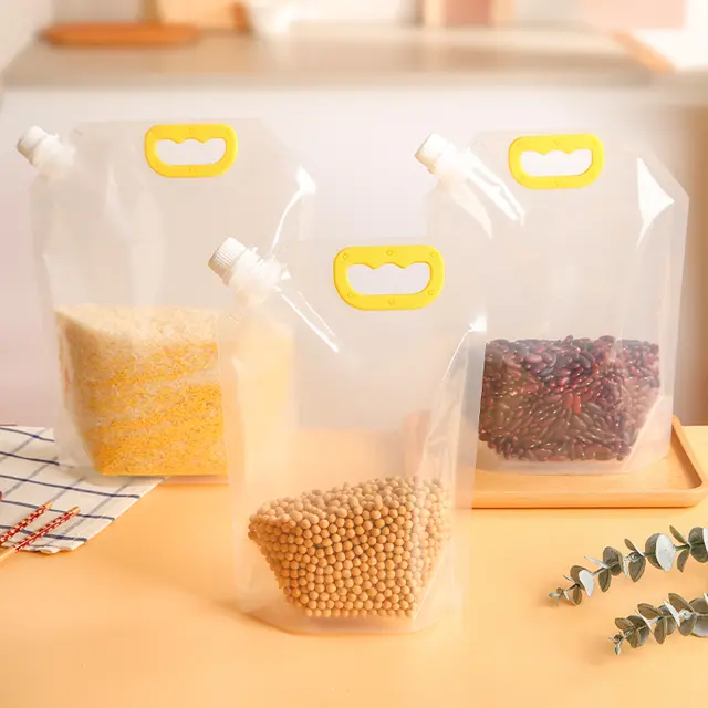 Tersedia transparan tahan bocor kantong cerat dengan pegangan plastik Doypack tas kemasan cairan untuk jus buah kedelai