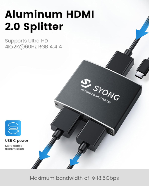 SYONG 4K HDMI Splitter 1 in 2 Out, Mirror UHD 4K 60Hz Contents to 2 Screens, Aluminum Shell TV, Monitor, Projector, PC, Laptop