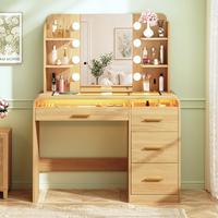 Table de maquillage en MDF imitation bois avec miroir éclairé, plateau en verre et 4 tiroirs – Vente en gros