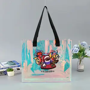 Sacs de plage transparents en PVC étanches au laser holographiques personnalisés Sac fourre-tout à bandoulière fourre-tout cadeau chaussure en tissu pour femmes avec poignée - Product Image 1