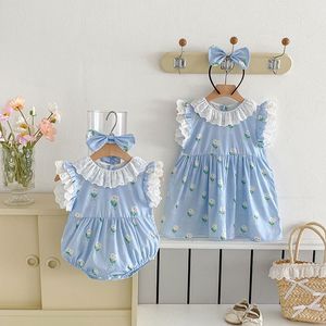 Sommerlicher Spitzen-Strampler ohne Ärmel für Babymädchen mit Haarband-Set, dünnes Blumenmuster-Kleid für Kinder, süße Kinderkleidung - Product Image 3