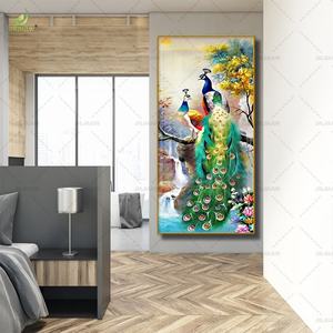 Decoración de Lujo para Sala de Estar con Pintura en Lienzo Impresa de Alta Definición, Pintura de Porcelana con Cristales de Pavo Real, Mural con Luz LED - Product Image 4