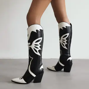 BUSY GIRL XY4930 schwarz weiß Leder Cowboys tiefel Damenschuhe 8,5 cm High Heels Damen Party kleid Schuhe Western kniehohe Stiefel