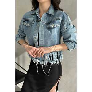 DEFILE Women's Tassel Detailed Blue <b>Denim</b> <b>Crop</b> <b>Jacket</b> - Stylish Casual Outerwear for Spring and Summer Seasons - Product Image 1
