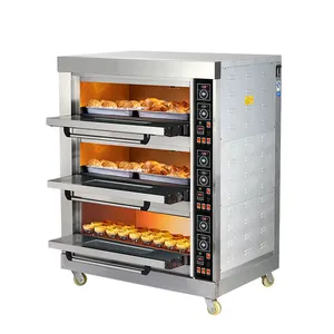 Industrial 3 Deck 6 Tray Gas Kue Pizza Baking Oven Listrik Peralatan Mesin Komersial Gas Roti Oven Bakery Deck Oven
