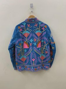 Veste en velours bleu indien Suzani, tissée, respirante, en coton brodé, style bohème, printemps, exportateur OEM, fabricant Inde - Product Image 6