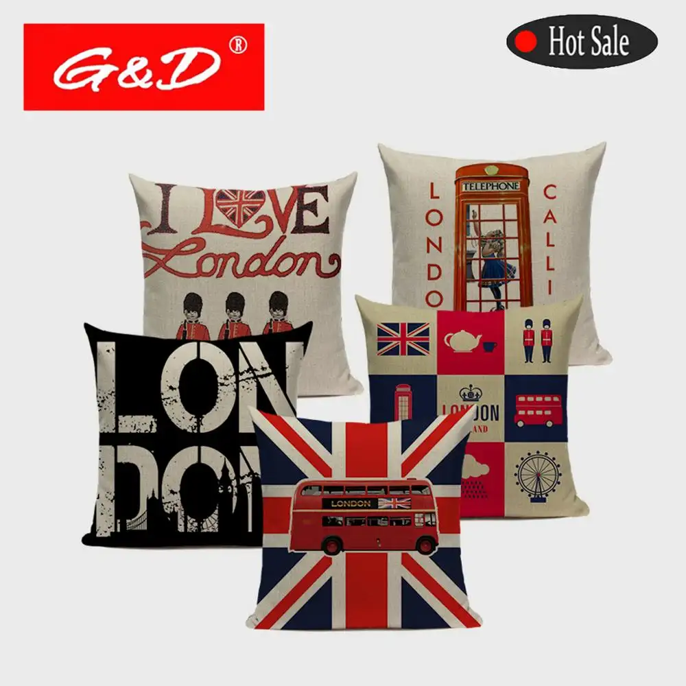 G&D Nordic Decoration Home Cotton Linen Pillow Cover London England Car Bed Cushion Covers