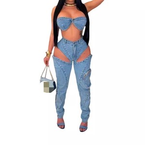 Washed <b>Stretch</b> Denim Split Zipper 3D Pocket <b>Wrap</b> Chest Sexy Top Pants 2 Piece Set Fashion - Product Image 3