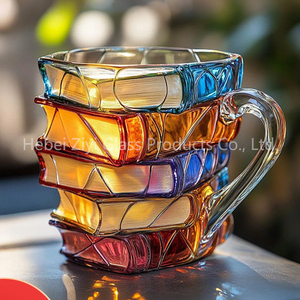 كوب زجاجي على شكل كتاب مع مقبض، كوب زجاجي أحادي الجدار مع نمط مرسوم يدويًا، كوب زجاجي ملون بتصميم جديد مخصص - Product Image 2