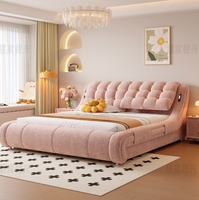 Französisches Modernes Luxus-Schlafzimmer-Lederbett im Creme-Stil, Minimalistisches Queensize-Bett mit Stauraum, Gepolstertes Hochzeitsbett