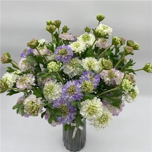 Fleurs artificielles de Scabiosa blanches et violettes à 3 têtes de haute qualité, fleurs de Cyclobalanopsis en soie pour arrangements de mariage - Product Image 4