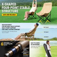 Chaise lune inclinable d'extérieur à dossier haut et pliable avec structure en acier au carbone - Chaise de détente pour le camping, les pique-niques et la plage