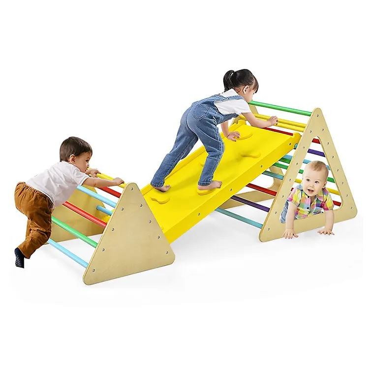 다채로운 3-in-1Kids 등산가 세트 유아 나무 놀이 아치 슬라이딩 및 등반 단단한 나무 등반 장난감