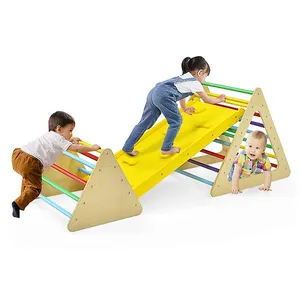 Bunte 3-in-1-Kinder-Klettergeräte-Satz Kleinkind Holzspielbogen mit Rutschen und Klettern massives Holz-Kletterspielzeug