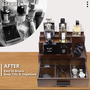 Wooden Perfume Storage Box 3 Layers <b>With</b> <b>Drawer</b> Desktop Organizer For Jewelry And Cosmetics - Product Image 4