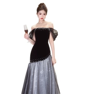 Black Strapless Evening Gown With Asymmetric Tulle Skirt For Coming Of Age Ceremony Natural Waistline S26113 - Product Image 5