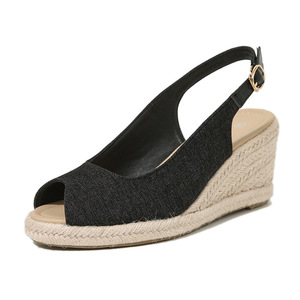 Sandales compensées pour femme à bout ouvert, talon moyen, semelle en paille, bride arrière à boucle, style sexy rehaussant la silhouette - Product Image 4