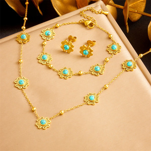 Flower Gold Plated Turquoise Necklace Earring <b>Bracelet</b> <b>Set</b> Stainless Steel Party Jewelry <b>Set</b> - Product Image 1