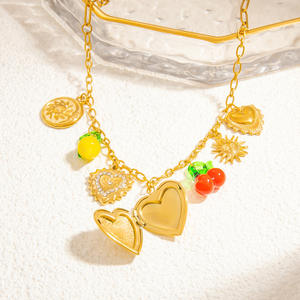 Collier avec pendentif en forme de cœur, plaqué or 18 carats, en acier inoxydable, pour femme, bijoux cadeau avec breloques soleil, cerise, citron - Product Image 3