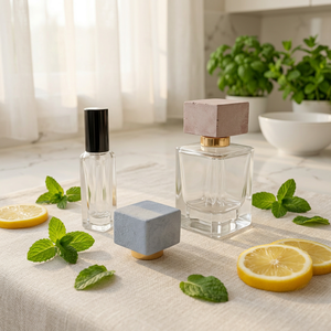 Botella de perfume de vidrio de lujo personalizada de 10 ml con bomba, tapa con forma de piedra única y personalizada, botella de perfume con tapa metálica y pulverizador. - Product Image 1