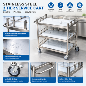 Carrello di Servizio in Acciaio Inox a 3 Ripiani con Ruote Silenziose e Freni, Ringhiera di Protezione per Ristoranti e Cucine - Product Image 3