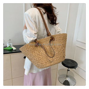 Bolso de Hombro de Paja a Rayas de Verano, Gran Capacidad, Casual, para Mujer, Bolso Tote de Mimbre Tejido para la Playa - Product Image 6