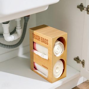 Bamboo Trash Bag <b>Storage</b> <b>Box</b> Double Layer Wall Mount For <b>Kitchen</b> Household Use - Product Image 3