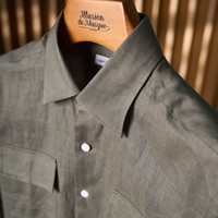 Kemeja Kasual Bergaris Gaya Workwear ODM/OEM Custom 100% Linen Murni Bernapas untuk Pria, Nyaman Dipakai di Musim Panas